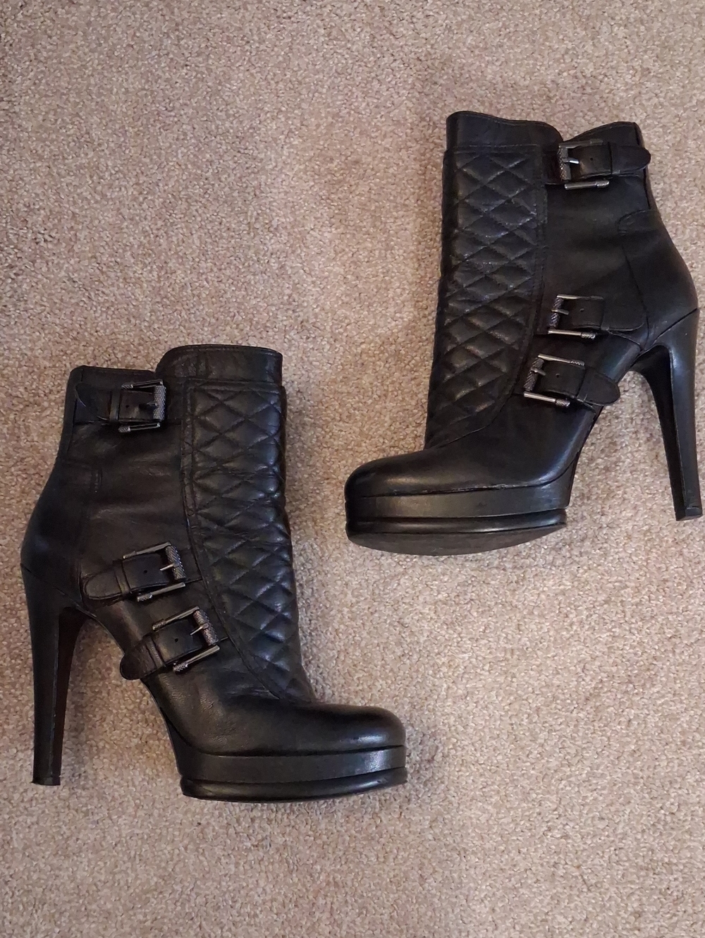 Nine West Black Leather Quilted Triple-Buckle Platform Ankle Stiletto Boots(9.5)
